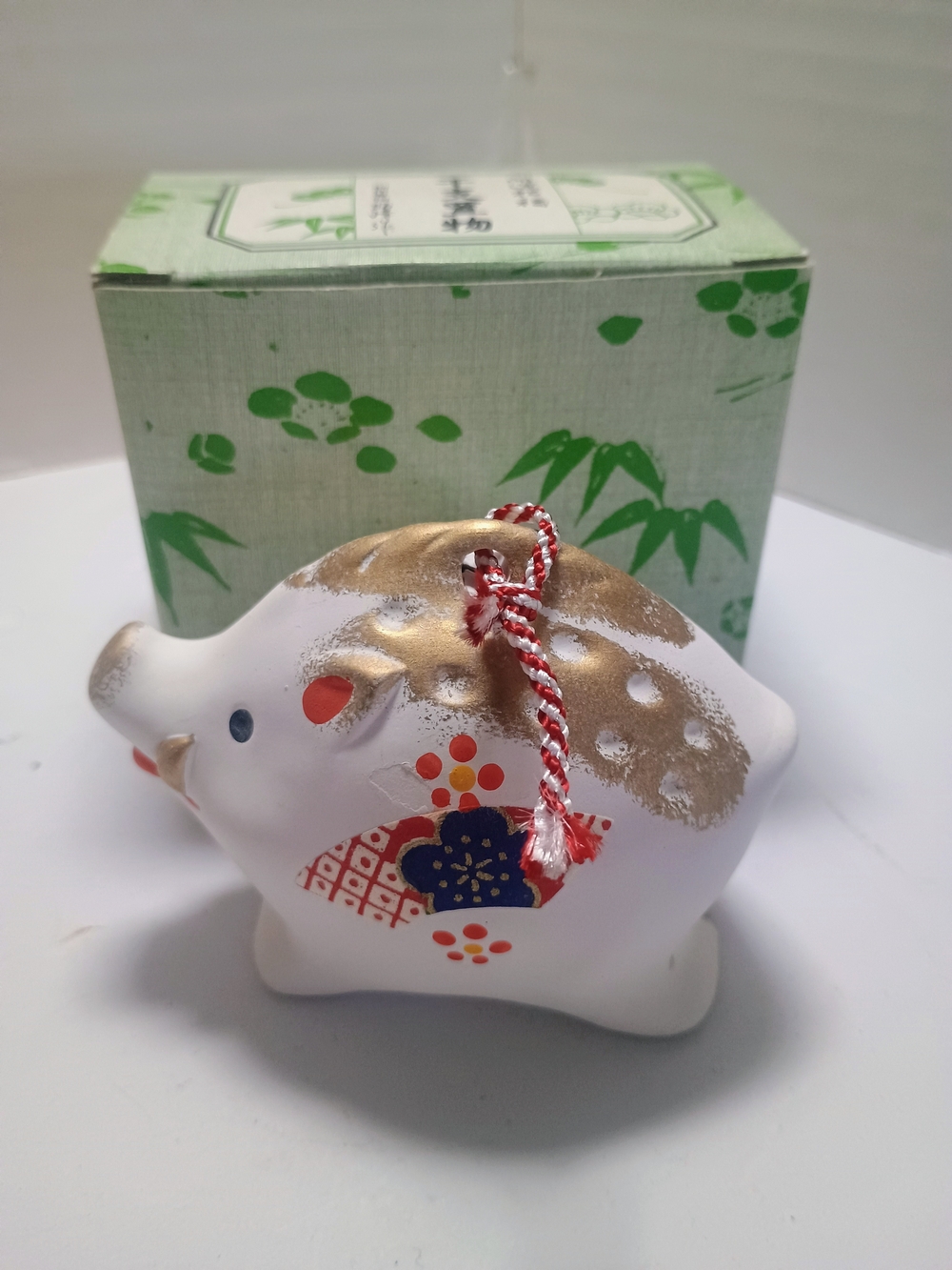 Source Unknown White and Gold Boar Figurine with Red Cord